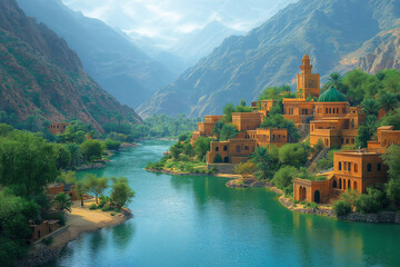 Fototapeta premium Photo réaliste d’un village isolé dans une vallée avec rivière et montagnes escarpées