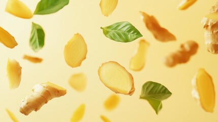 Naklejka premium Fresh ginger root slices and leaves levitating on yellow background.