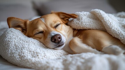 Obraz premium Adorable small dog peacefully sleeping under a cozy blanket on a bed.