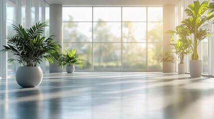 Fototapeta premium Sunlit Modern Office Lobby: Three potted palm trees stand in a bright, spacious lobby, bathed in sunlight streaming through expansive windows, creating a serene and productive atmosphere. 