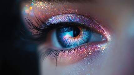 Close-up of a mesmerizing eye adorned with colorful glitter and shimmering effects.