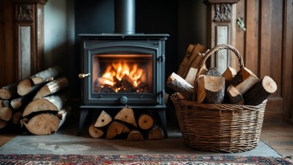 Warm basket of firewood beside the cozy stove