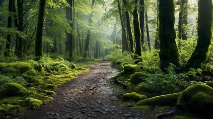Obraz premium A photo of a forest path covered in morning dew