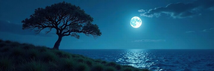 Silvery light shines through a leafy tree at the top of a hill with a full moon visible above the vast blue sea, moon, serene atmosphere