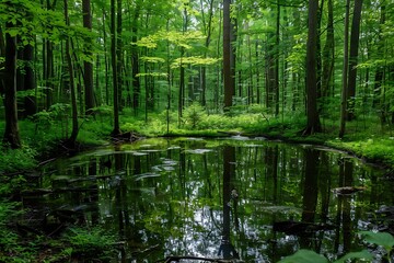 a natural landscape with dense forest and pond with large trees and different botanical diversities in daylight