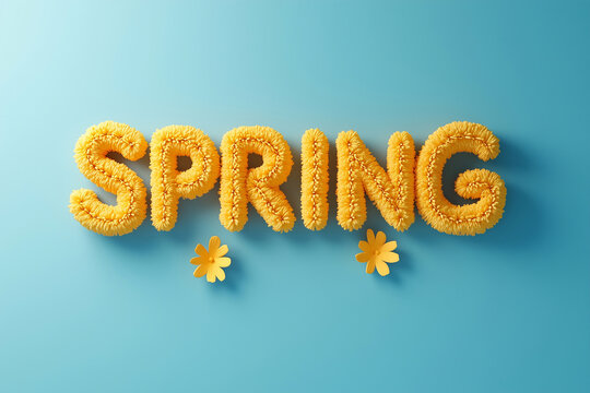 3d words spring from small yellow flowers on a blue background for a banner