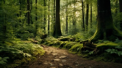 Fototapeta premium A photo of a forest path through a dense woodland