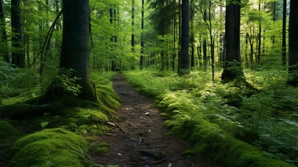 Obraz premium A photo of a forest path through a dense woodland