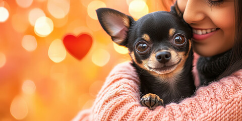 A cheerful Chihuahua puppy cuddles closely with its owner, both smiling in a warm, vibrant environment filled with soft light and festive colors.