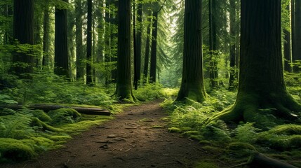 Obraz premium A photo of a forest path winding through tall trees