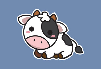 Cartoon cow vector cute icon sticker, sitting and daydreaming. You can change every element as needed.