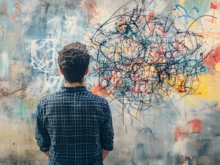 Obraz premium Man Observing Abstract Art on Wall, Contemplating Creative Expression, Colorful Patterns and Textures, Inspiring Reflection and Introspection in Modern Art Gallery Setting