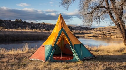 aptures a colorful camping tent set up in a serene outdoor wilderness ideal for remote adventures and camping getaways it promises a cozy and protected experience in nature