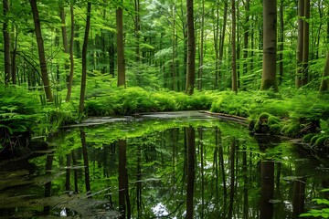 a natural landscape with dense forest and pond with large trees and different botanical diversities in daylight