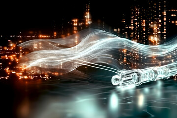 Obraz premium Futuristic data cable, glowing, city night background; digital communication, technology concept