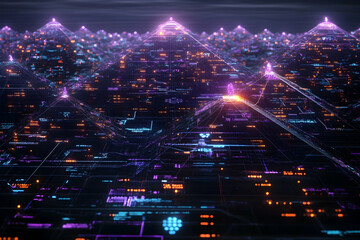 Fototapeta premium Futuristic digital city landscape at night, glowing circuits and data streams, potential use for technology or science fiction