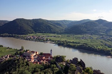 Landscape with Durnstein city in Austria at sunset with Danube river and church