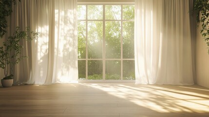 Fototapeta premium Sunlit Room Interior: Sheer curtains softly diffuse the warm sunlight streaming through a large window, illuminating a serene empty room with hardwood floors and lush greenery subtly visible.