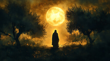A solemn depiction of Jesus' silhouette against the radiant glow of a rising moon, olive trees adding depth and texture, tranquil yet reflective mood, intricate natural details,