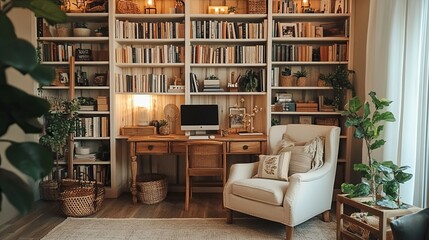Cozy Home Office: Wooden Desk, Bookshelves, and Serene Atmosphere