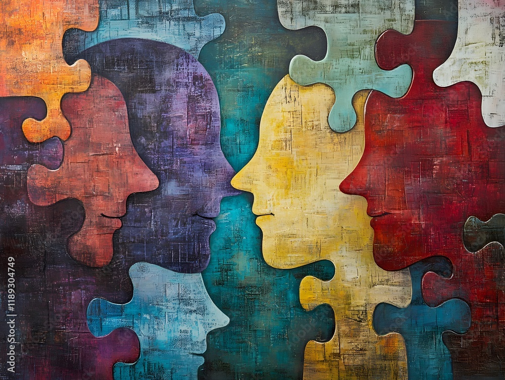 Poster colorful puzzle faces illustrating connection and communication among diverse individuals in a uniqu