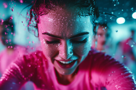 Group of people engaged in high-energy kick aerobics class indoors in vibrant pink outfits during dynamic workout session - Powered by Adobe