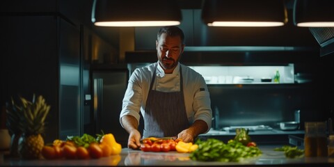 Fototapeta premium Skilled chef working in a dimly lit modern kitchen. Fresh ingredients are spread across the counter. The focus is on preparation of delicious meals. 