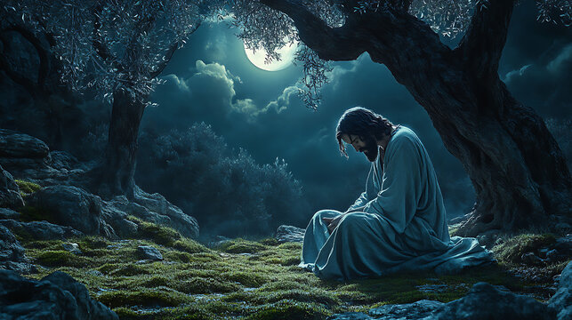 A solemn Jesus kneeling on moss-covered ground in the moonlit Gethsemane garden, ancient olive trees arching above, their twisted branches framing the scene, gentle light playing on his face,