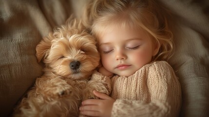 Adorable toddler girl peacefully sleeping with her fluffy puppy.