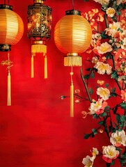 Chinese New Year Lanterns Red Background Cherry Blossoms Festive Decor