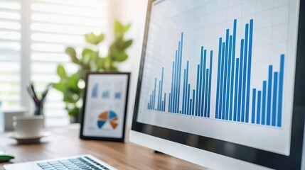 Financial Growth Visualized: A close-up shot of a computer screen displaying a positive upward trending bar graph, symbolizing growth and financial success.