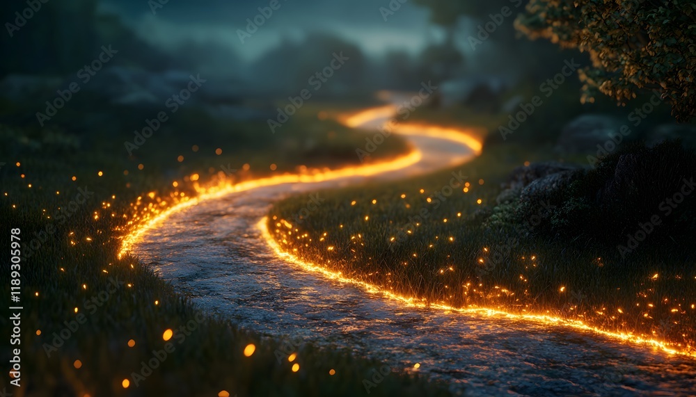 Poster captivating night scene with glowing pathway and enchanting fireflies illuminating a rocky terrain s