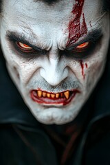 Intense Close-Up of a Vampire Character with Pale Skin, Red Eyes, and Sharp Fangs, Highlighting Intricate Makeup and Blood Effects for Halloween or Themed Events
