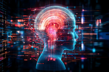 AI brain processing data, digital future, technology background, concept illustration, for tech websites