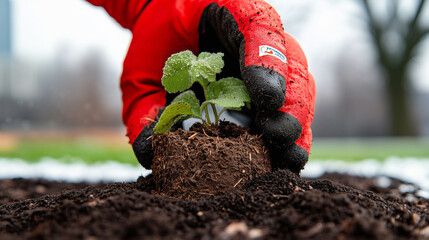 Volunteers planting seedlings in community garden to promote green spaces and sustainable living initiatives