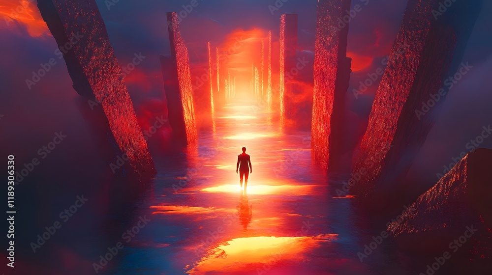 Poster ethereal journey through a mystical corridor with a silhouetted figure walking towards a glowing lig