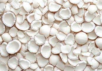 A Close-Up View of Dried Coconut Shells and Shavings Scattered Across a Surface, Showcasing Natural Textures and Patterns of Culinary Ingredients