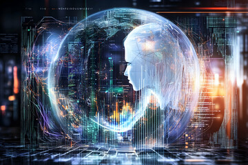 Obraz premium AI, Global Network, Futuristic Cityscape, Digital Transformation, Technology Concept