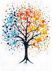 Fototapeta premium Vibrant Abstract Tree Illustration with Colorful Dots and Splashes in Vivid Blue, Orange, Yellow, and Red on White Background for Artistic and Nature-themed Projects