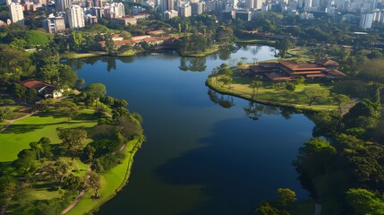 Obraz premium Aerial View of a City Park with Lake and Buildings