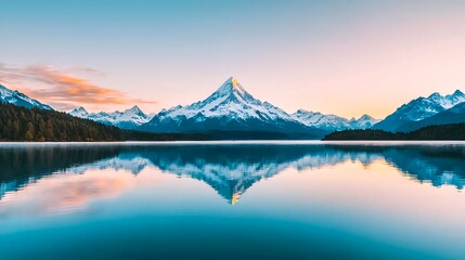 Fototapeta premium Stunning mountain landscape with snow-capped peaks reflected in tranquil waters during sunrise, surrounded by serene nature in the wilderness