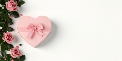 Romantic Heart-Shaped Gift Box Surrounded by Beautiful Pink Roses and Green Leaves on a Light Background for Love and Celebrations