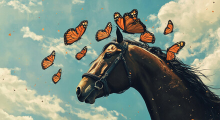 A horse and butterflies
