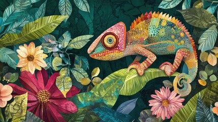 A colorful chameleon perched on a leafy branch amidst vibrant flowers and foliage.