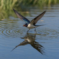 A swallow skimming over a reflective pond, ripples distorting its reflection.