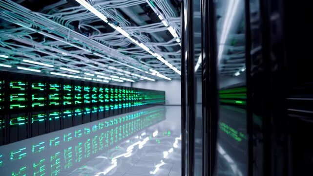 A high-tech data center is depicted in a stock photo with a server room featuring rows of servers, creating a futuristic and technologically advanced atmosphe