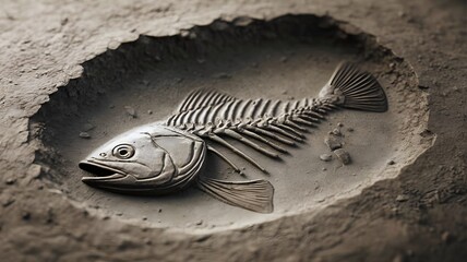 Carving of a fishes skeleton resembling a fossil. Fish fossil replica.