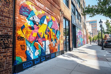 Fototapeta premium Vibrant street art mural on brick wall along city sidewalk.