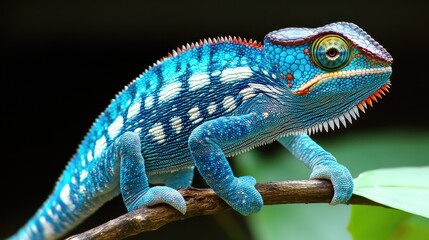 Obraz premium A vibrant blue chameleon perched on a branch, showcasing its colorful scales.