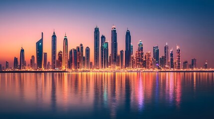 Fototapeta premium Dubai skyline sunset reflection cityscape travel